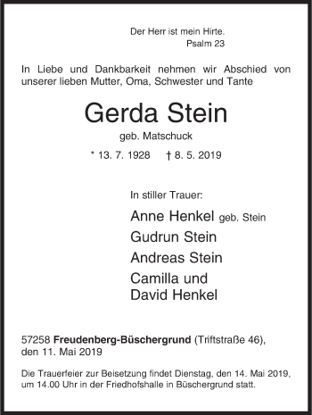 Traueranzeige von Gerda Stein von Siegener Zeitung