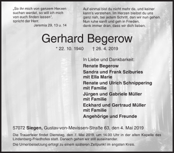 Traueranzeige von Gerhard Begerow von Siegener Zeitung