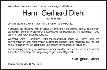 Traueranzeige von Gerhard Diehl von Siegener Zeitung