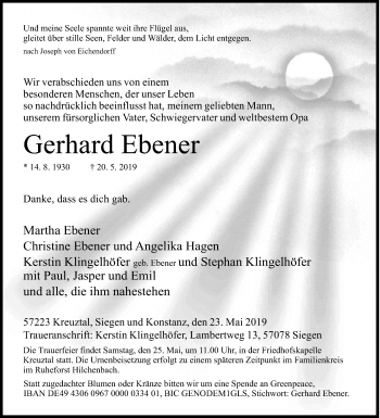 Traueranzeige von Gerhard Ebener von Siegener Zeitung