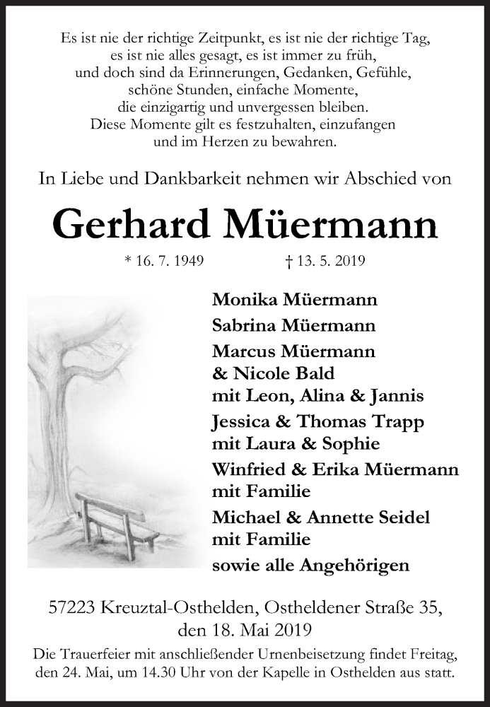  Traueranzeige für Gerhard Müermann vom 18.05.2019 aus Siegener Zeitung