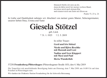 Traueranzeige von Giesela Stötzel von Siegener Zeitung