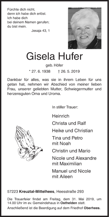 Traueranzeige von Gisela Hufer von Siegener Zeitung