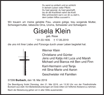Traueranzeige von Gisela Klein von Siegener Zeitung