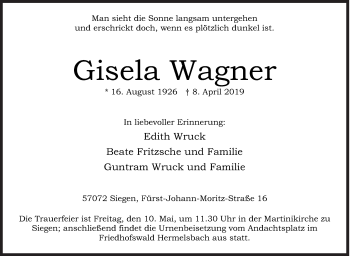 Traueranzeige von Gisela Wagner von Siegener Zeitung