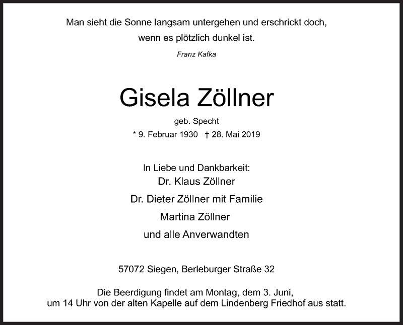  Traueranzeige für Gisela Zöllner vom 31.05.2019 aus Siegener Zeitung