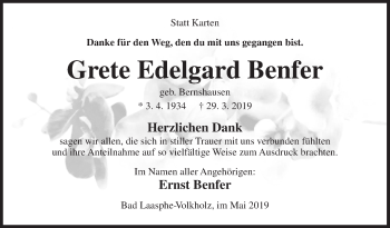 Traueranzeige von Grete Edelgard Benfer von Siegener Zeitung