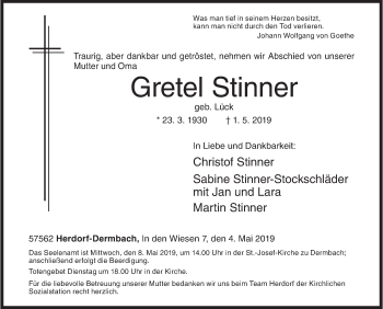 Traueranzeige von Gretel Stinner von Siegener Zeitung