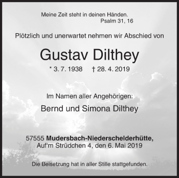 Traueranzeige von Gustav Dilthey von Siegener Zeitung
