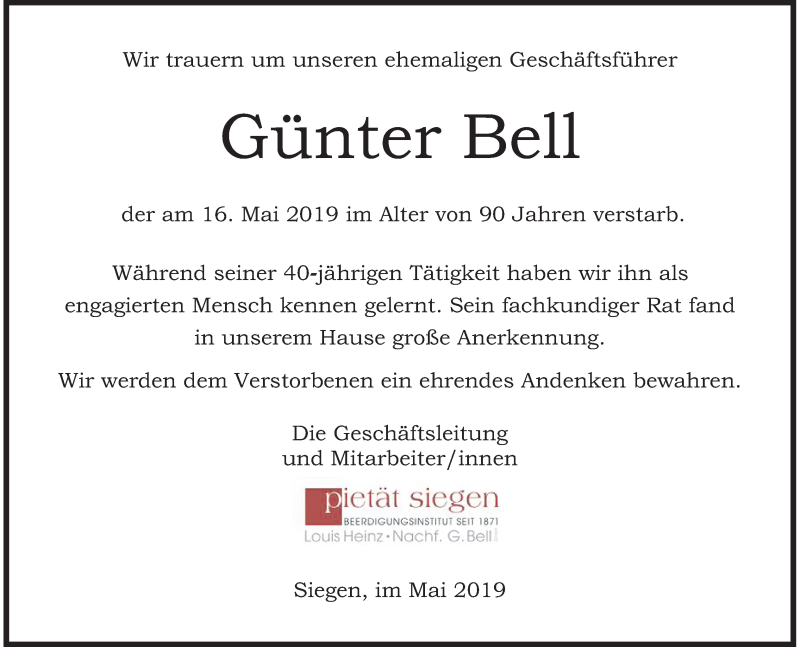  Traueranzeige für Günter Bell vom 18.05.2019 aus Siegener Zeitung