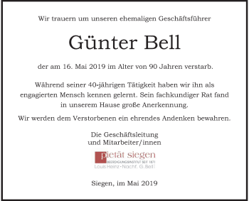 Traueranzeige von Günter Bell von Siegener Zeitung