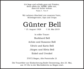 Traueranzeige von Günter Bell von Siegener Zeitung