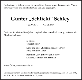Traueranzeige von Günter Schley von Siegener Zeitung