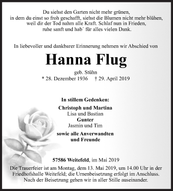 Traueranzeige von Hanna Flug von Siegener Zeitung