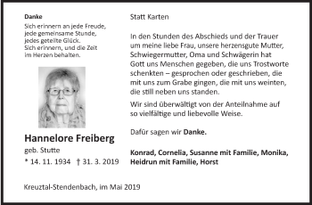 Traueranzeige von Hannelore Freiberg von Siegener Zeitung