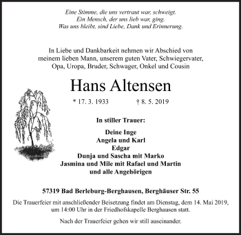 Traueranzeige von Hans Altensen von Siegener Zeitung