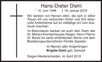 Traueranzeige von Hans-Dieter Diehl von Siegener Zeitung