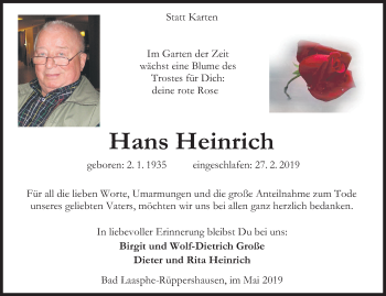 Traueranzeige von Hans Heinrich von Siegener Zeitung
