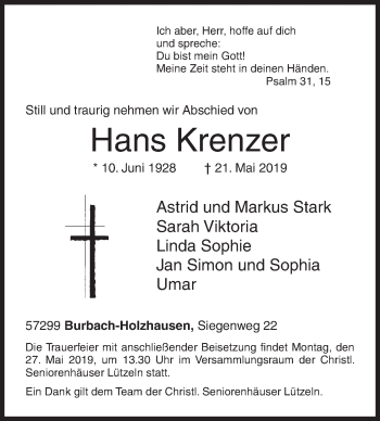 Traueranzeige von Hans Krenzer von Siegener Zeitung