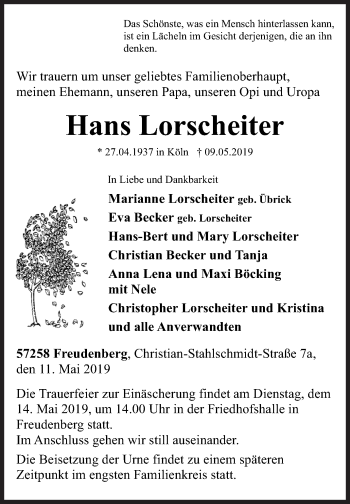 Traueranzeige von Hans Lorscheiter von Siegener Zeitung