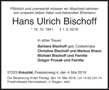 Traueranzeige von Hans Ulrich Bischoff von Siegener Zeitung