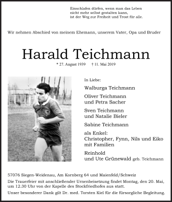 Traueranzeige von Harald Teichmann von Siegener Zeitung