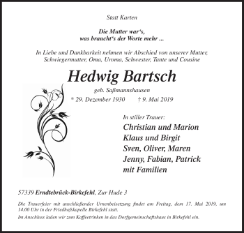 Traueranzeige von Hedwig Bartsch von Siegener Zeitung