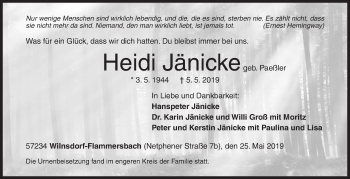 Traueranzeige von Heidi Jänicke von Siegener Zeitung