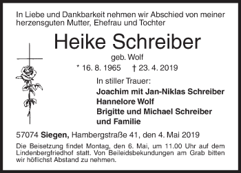 Traueranzeige von Heike Schreiber von Siegener Zeitung