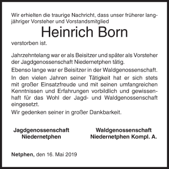 Traueranzeige von Heinrich Born von Siegener Zeitung