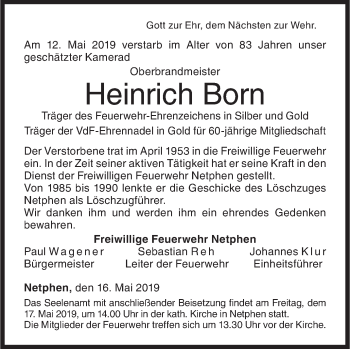 Traueranzeige von Heinrich Born von Siegener Zeitung
