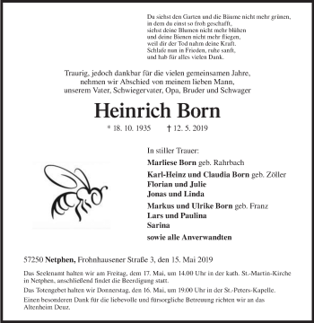 Traueranzeige von Heinrich Born von Siegener Zeitung