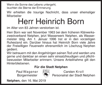 Traueranzeige von Heinrich Born von Siegener Zeitung