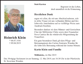 Traueranzeige von Heinrich Klein von Siegener Zeitung