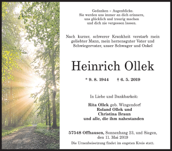 Traueranzeige von Heinrich Ollek von Siegener Zeitung