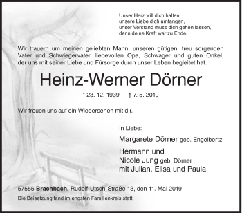 Traueranzeige von Heinz-Werner Dörner von Siegener Zeitung