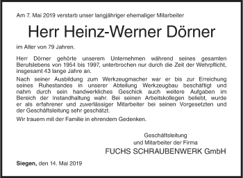 Traueranzeige von Heinz-Werner Dörner von Siegener Zeitung