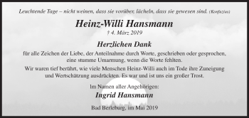 Traueranzeige von Heinz-Willi Hansmann von Siegener Zeitung