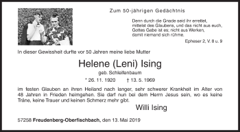 Traueranzeige von Helene Ising von Siegener Zeitung