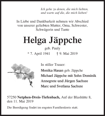 Traueranzeige von Helga Jäppche von Siegener Zeitung