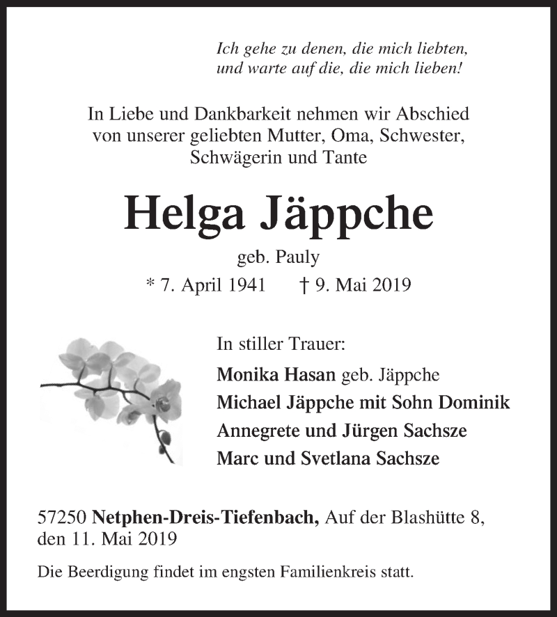 Traueranzeige für Helga Jäppche vom 11.05.2019 aus Siegener Zeitung