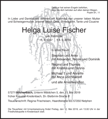 Traueranzeige von Helga Luise Fischer von Siegener Zeitung