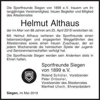 Traueranzeige von Helmut Althaus von Siegener Zeitung