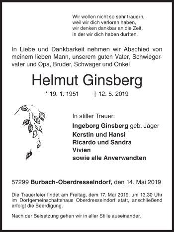Traueranzeige von Helmut Ginsberg von Siegener Zeitung