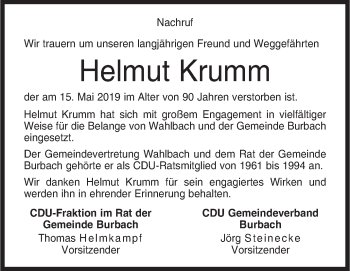 Traueranzeige von Helmut Krumm von Siegener Zeitung