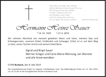 Traueranzeige von Hemann Heinz Sauer von Siegener Zeitung