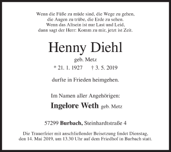 Traueranzeige von Henny Diehl von Siegener Zeitung