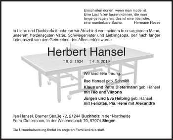 Traueranzeige von Herbert Hansel von Siegener Zeitung