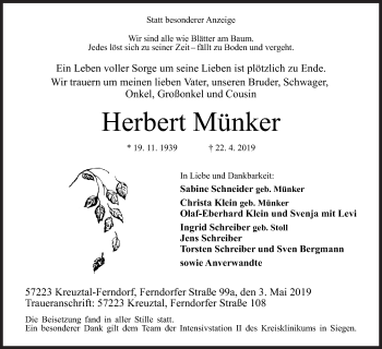 Traueranzeige von Herbert Münker von Siegener Zeitung