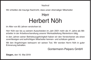Traueranzeige von Herbert Nöh von Siegener Zeitung